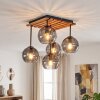 Cluster-plafondlamp Koyoto met houten lamellen, 5 rookglazen bollen voor de eettafel