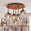 Moderne houten plafondlamp Gastor met 5 glazen bollen in helder en rookglas