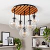 Cluster-plafondlamp Gastor met houten lamellen, 5 heldere glazen bollen voor de eettafel