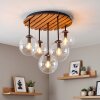Cluster-plafondlamp Gastor met houten lamellen, 5 heldere glazen bollen voor de eettafel