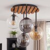 Moderne plafondlamp Gastor met glazen bollen in rookkleurig, amber en helder, houten lamellen