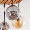 Moderne plafondlamp Gastor met glazen bollen in rookkleurig, amber en helder, houten lamellen