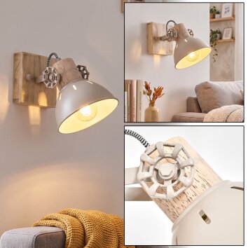 Boho wandlamp Orny, houten wandplaat in natuurlijke kleuren, draaibare lampkop