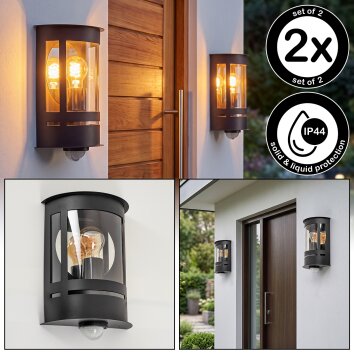 Cilindrische buitenwandlamp Lauvdal, 2-delige set met bewegingssensor, zichtbare E27-fitting