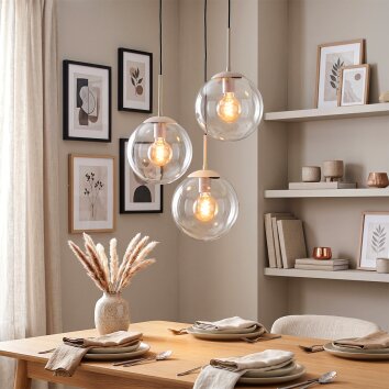 Hanglamp Gastor met drie ronde glazen kappen, hoogteverstelbaar bij montage voor de eettafel