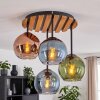 Cluster-plafondlamp Koyoto met houten lamellen en blauwe glazen bollen