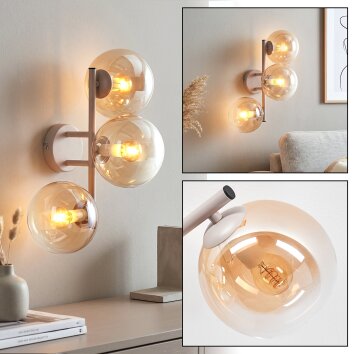 Retro wandlamp Gastor met drie amber- en heldere glazen bollen, metaal in zandkleur