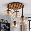 Boho plafondlamp Koyoto met houten lamellen en 4 glazen bollen in amber en helder