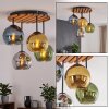 Boho cluster-plafondlamp Koyoto met 4 goudkleurige glazen bollen en houten lamellen