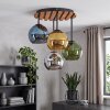 Boho cluster-plafondlamp Koyoto met 4 goudkleurige glazen bollen en houten lamellen