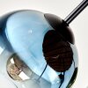 Moderne houten plafondlamp Koyoto met 5 glazen bollen in blauw, groen en koperkleurig glas