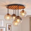 Retro plafondlamp Koyoto met houten lamellen en 5 glazen bollen in rook, amber en helder