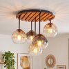 Retro plafondlamp Koyoto met houten lamellen en 5 glazen bollen in rook, amber en helder