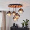 Cluster-plafondlamp Koyoto met houten lamellenplaat en 5 rook- en heldere glazen bollen