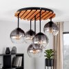 Cluster-plafondlamp Koyoto met houten lamellenplaat en 5 rook- en heldere glazen bollen