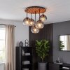 Cluster-plafondlamp Koyoto met houten lamellenplaat en 5 rook- en heldere glazen bollen