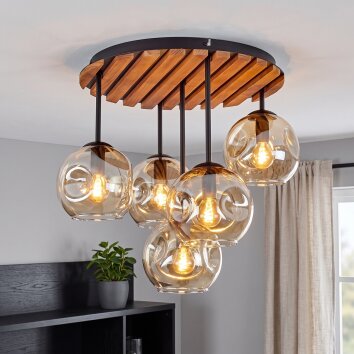 Plafondlamp Ripoll met houten lamellenplaat en amberkleurige glazen bollen voor de eettafel