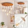 Ronde moderne plafondlamp Gastor met 5 heldere glazen bollen en houten lamellen