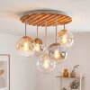 Boho cluster-plafondlamp Gastor met houten lamellenplaat en 5 heldere glazen bollen