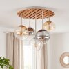 Boho cluster-plafondlamp Gastor met houten lamellenplaat en 5 heldere glazen bollen