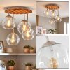 Boho-plafondlamp Ripoll met houten lamellenplaat en 4 heldere glazen bollen