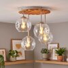 Boho-plafondlamp Ripoll met houten lamellenplaat en 4 heldere glazen bollen
