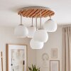 Plafondlamp Koyoto met vijf glazen bollen, houten lamellenplaat in natuurlijke kleuren