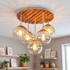Moderne cluster-plafondlamp Koyoto met ronde houten lamellenplaat en 5 bollen