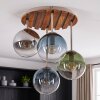 Boho Cluster-plafondlamp Gastor met houtlamellen en blauwe bolschermen