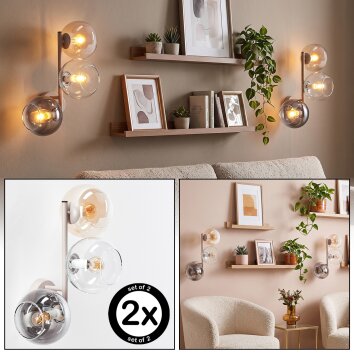 Moderne wandlamp Koyoto, 2-delige set met 3 glazen bollen in helder, amber en rook