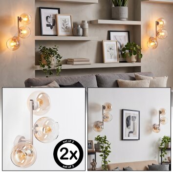 Moderne wandlamp Koyoto, 2-delige set met 3 glazen bollen in amber en helder glas