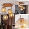 Boho plafondlamp Koyoto met lamellenplaat in natuurlijke kleuren en 4 amber glazen bollen