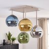 Cluster-plafondlamp Koyoto met bollen in blauw, groen, goud en chroom