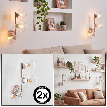 Moderne wandlamp Gastor, 2-delige set met drie heldere glazen bollen met zandkleurig armatuur