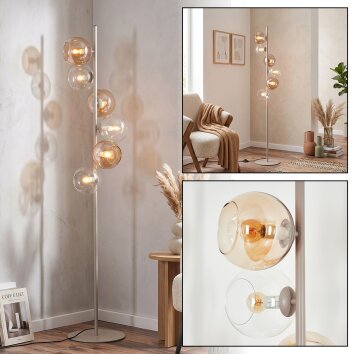 Retro vloerlamp Koyoto met zes glazen bollen in helder en amber, met voetschakelaar