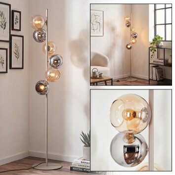 Moderne cluster-vloerlamp Koyoto met zes bolvormige kappen in chroom, rook en amber