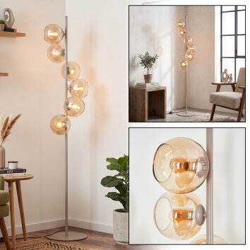 Moderne vloerlamp Koyoto met 6 amberkleurige glazen bollen, frame in zandkleur