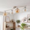 Moderne plafondlamp Koyoto, gebogen balk, 4 glazen bollen in amber en helder