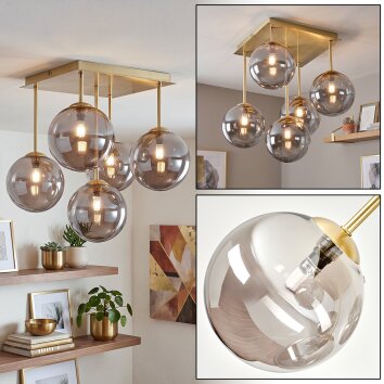 Moderne Cluster-plafondlamp Chehalis met 5 rookglazen bollen met messing armatuur