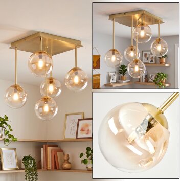 Cluster-plafondlamp Chehalis met 5 amberkleurige en heldere glazen bollen voor de eettafel