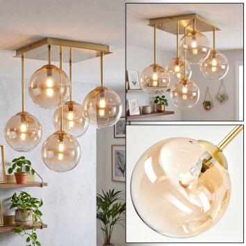 Cluster-plafondlamp Chehalis met 5 amberkleurige en heldere, moderne glazen bollen