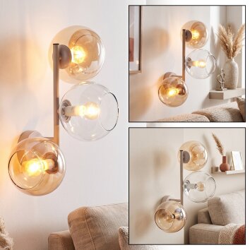 Moderne wandlamp Koyoto met drie ronde glazen kappen in amber en helder