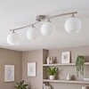 Scandinavische plafondlamp Koyoto met vier ronde witte glazen kappen en gebogen arm
