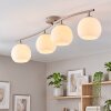 Scandinavische plafondlamp Koyoto met vier ronde witte glazen kappen en gebogen arm
