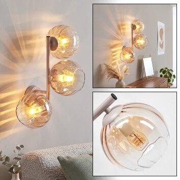 Glazen-bollen-wandlamp Koyoto met amberkleurige en heldere kappen, licht op de muur
