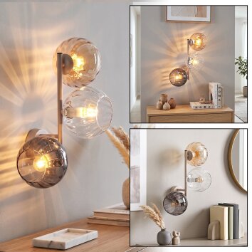 Retro wandlamp Koyoto met verticale arm en drie bollen in rook, amber en helder