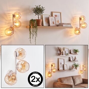 Wandlamp Koyoto in zandkleur, 2-delige set met 3 verticale amberkleurige glazen bollen