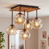 Moderne plafondlamp Ripoll met houten lamellen, 5 amberglazen bollen
