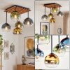 Plafondlamp Koyoto met houten lamellen, 5 glazen bollen voor de eettafel