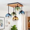 Plafondlamp Koyoto met houten lamellen, 5 glazen bollen voor de eettafel
